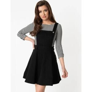 Hell Bunny Dakota 50's Black Stretch Denim Pinafore Dress Size 2XL Flare Overall
